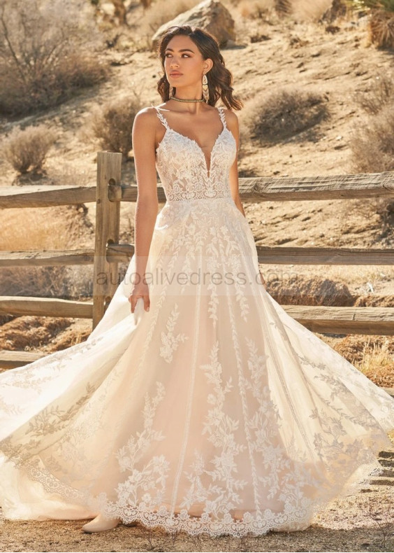 Thin Straps Ivory Sequined Lace Tulle Wedding Dress